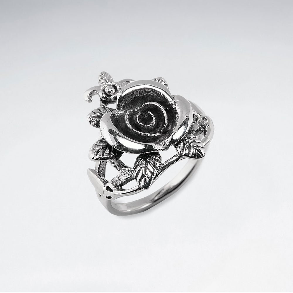 Oxidized Silver Rose Blossom Ring