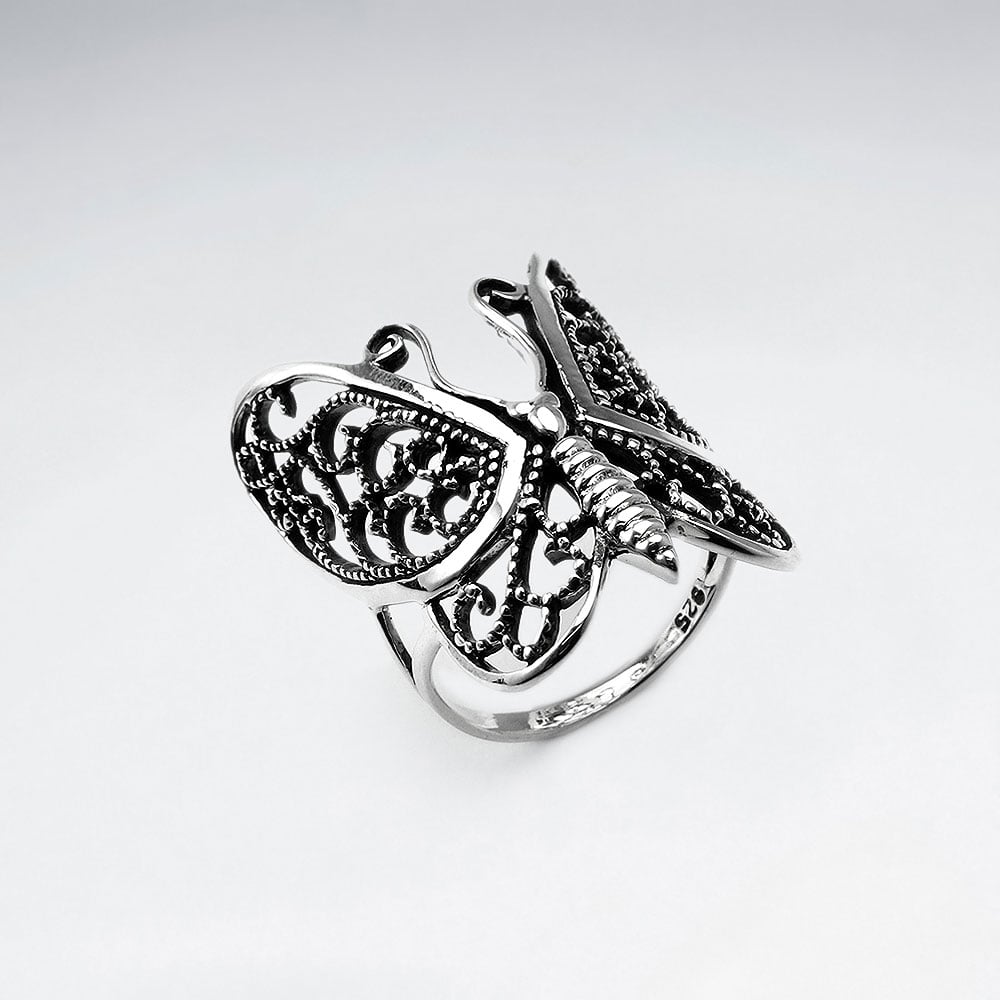 Oxidized Silver Filigree Butterfly Ring