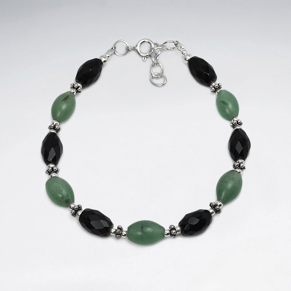 Green Jede & Black Stone Faceted Bead Bracelet