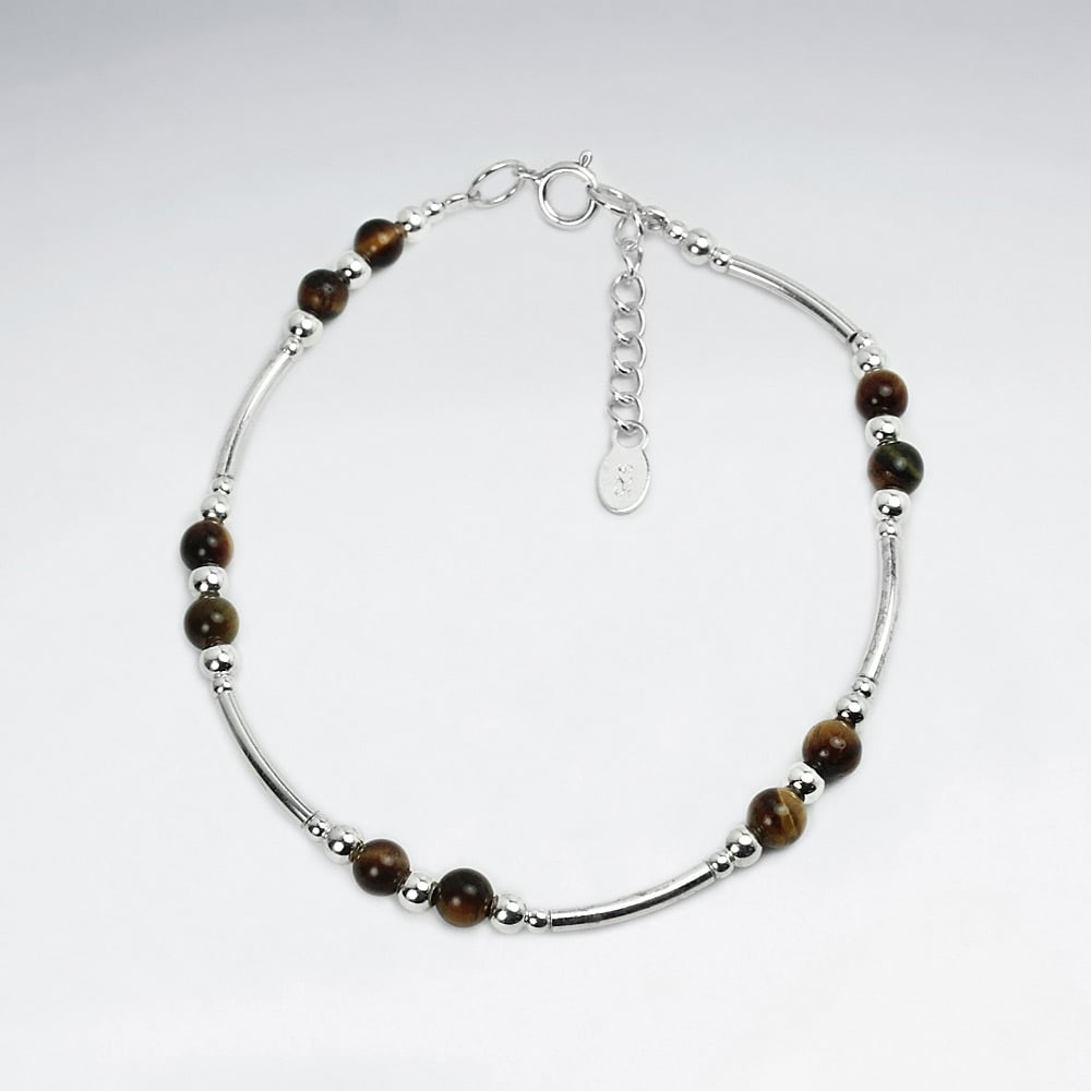 Tiger Eye Bead & Silver Spacer Adjustable Clasp Bracelet