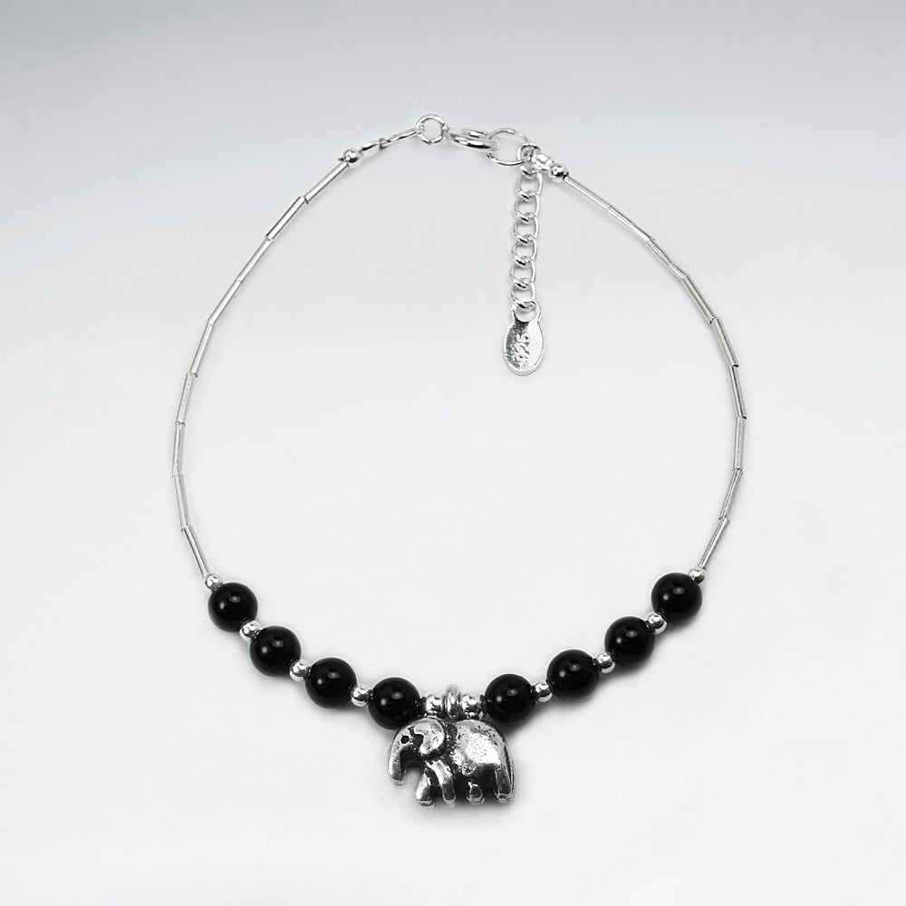 Black Stone Bead & Silver Charm Bracelet