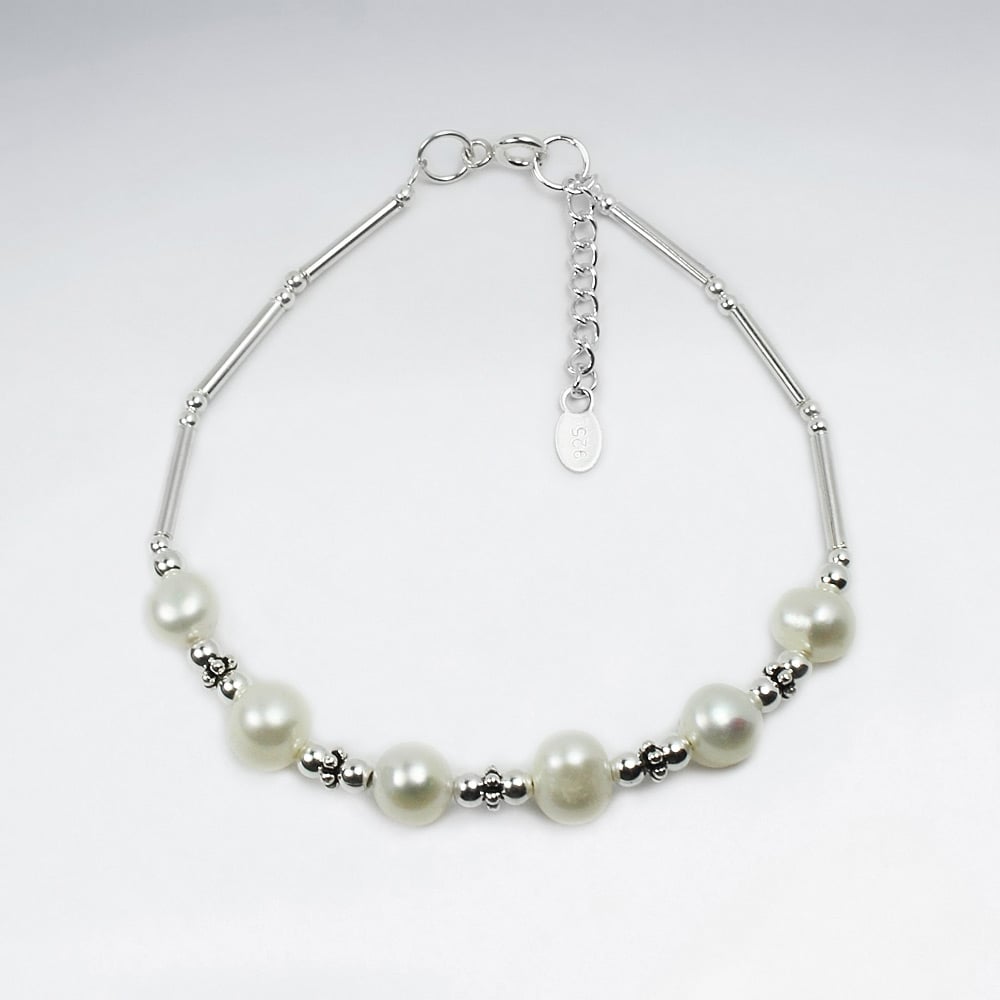 Silver Bead & Pearl Adjustable Clasp Bracelet