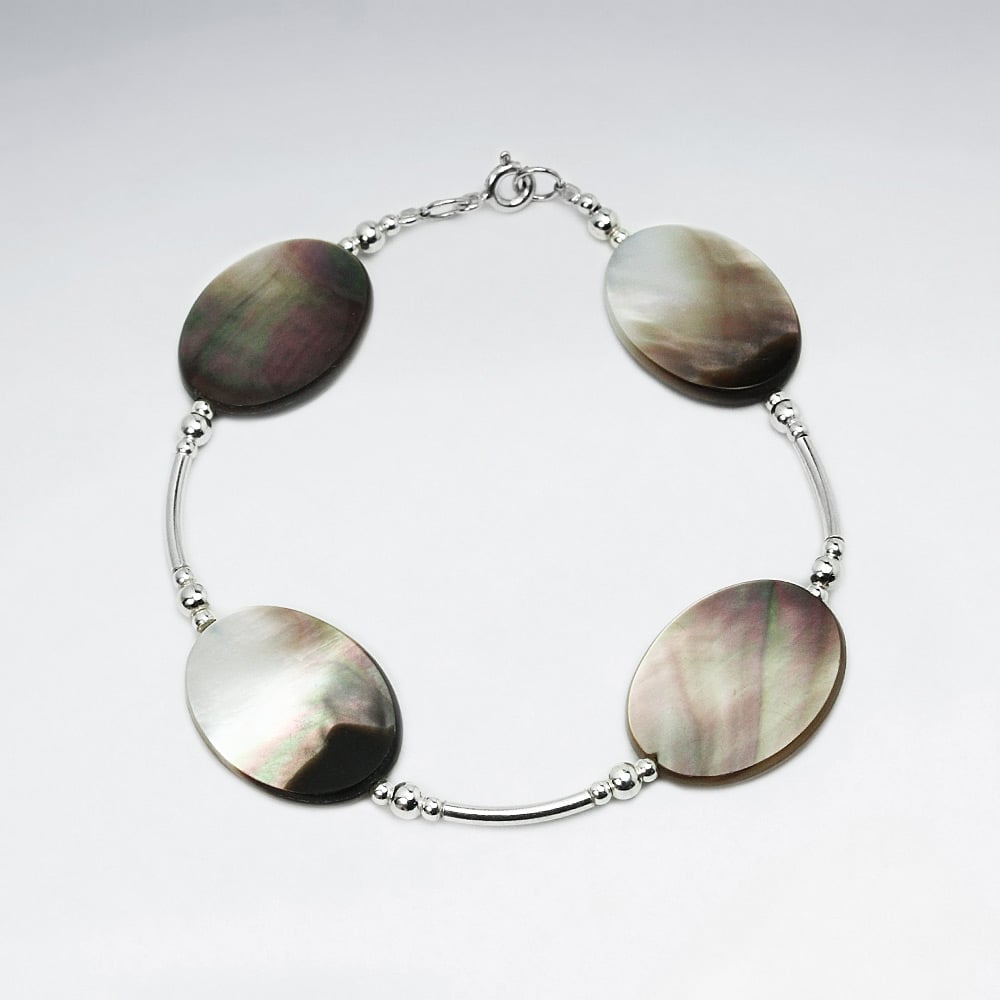 Flat Oval Mother Of Pearl & Sterling Silver Beads Bracelet