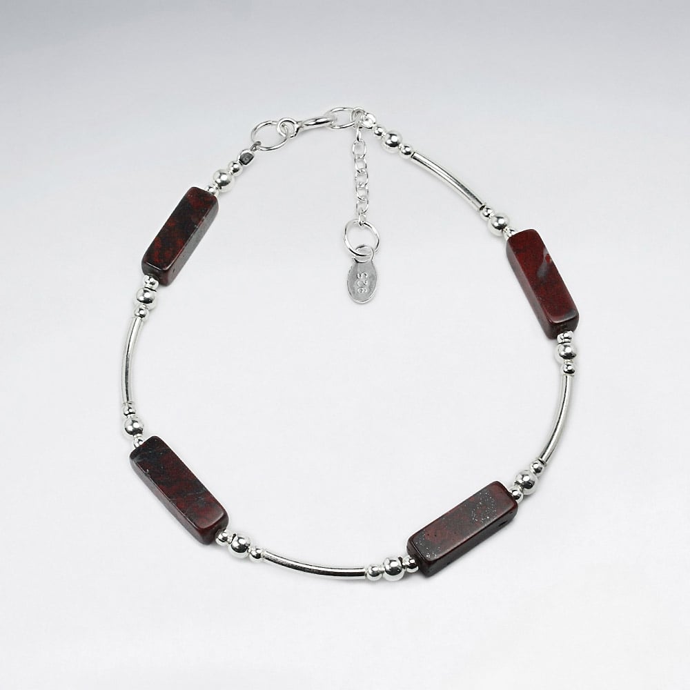 Earthy Rectangle Mahogony Obsidain & Silver Bead Bracelet