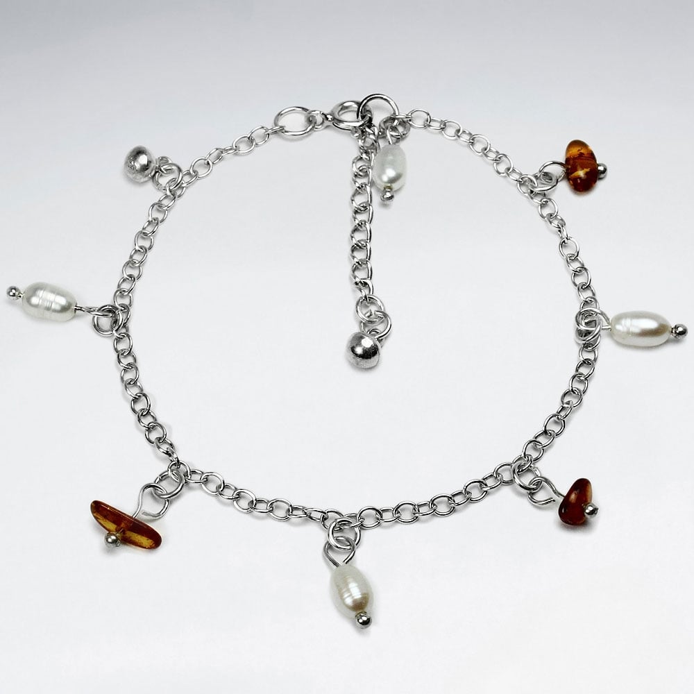 Amber & Pearl Sterling Silver Charm Bracelet