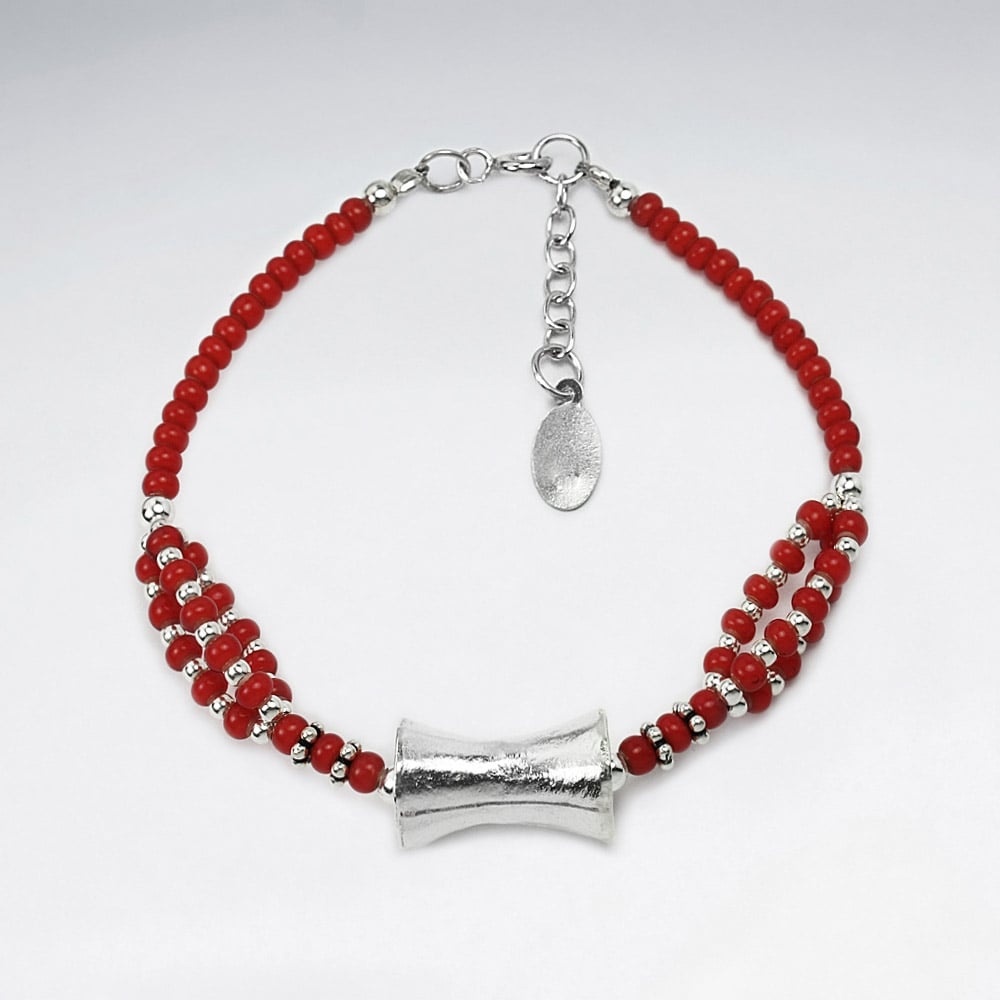Red Glass Bead & Sterling Silver Adjustable Clasp Bracelet