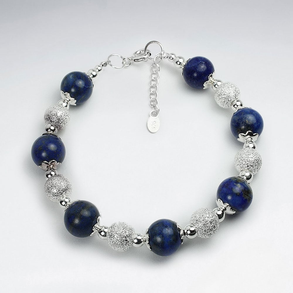 Lapis Lazuli & Sterling Silver Bead Ball Clasp Bracelet