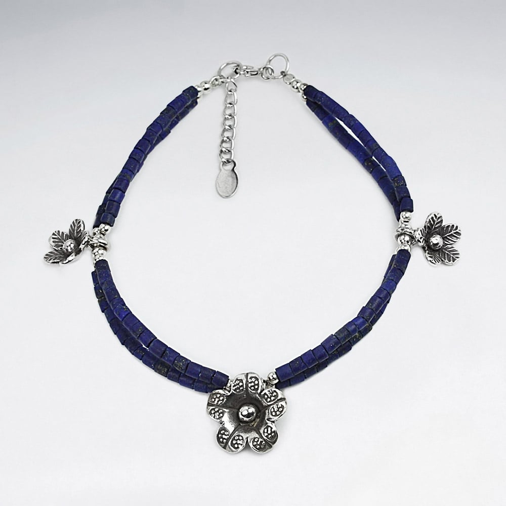 Lapis Lazuli & Sterling Silver Flower Charm Bracelet