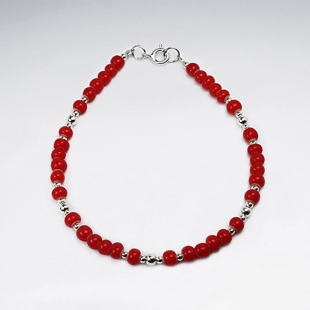 Red Glass Beads Sterling Silver Bracelet