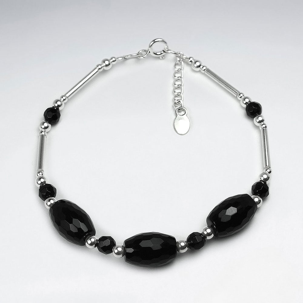 Black Stone Faceted Oval Bead Bracelet