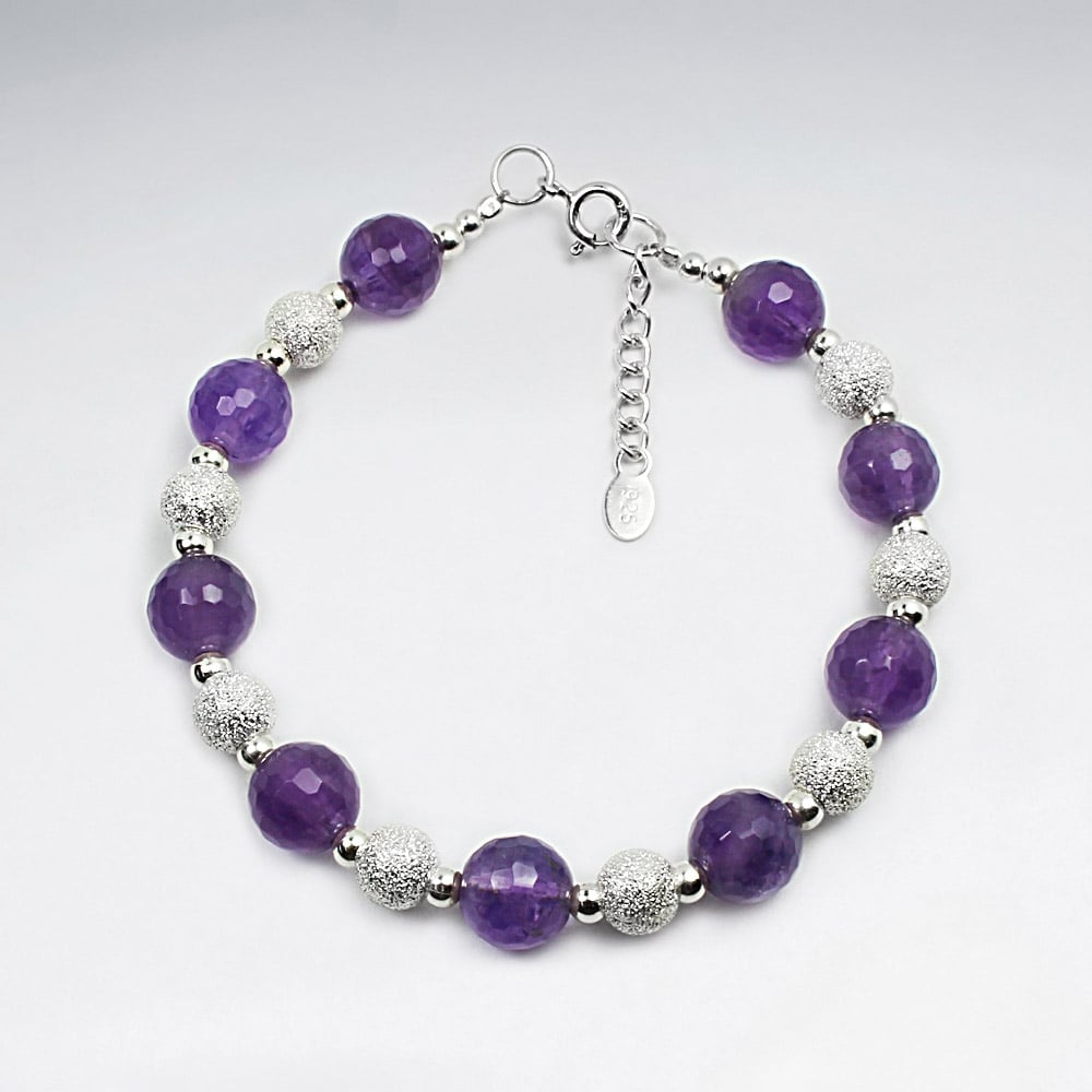 Amethyst & Sterling Silver Bead Ball Clasp Bracelet