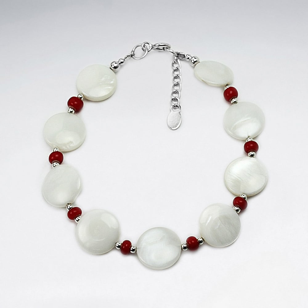 White Oval Shell & Red Bead Bracelet