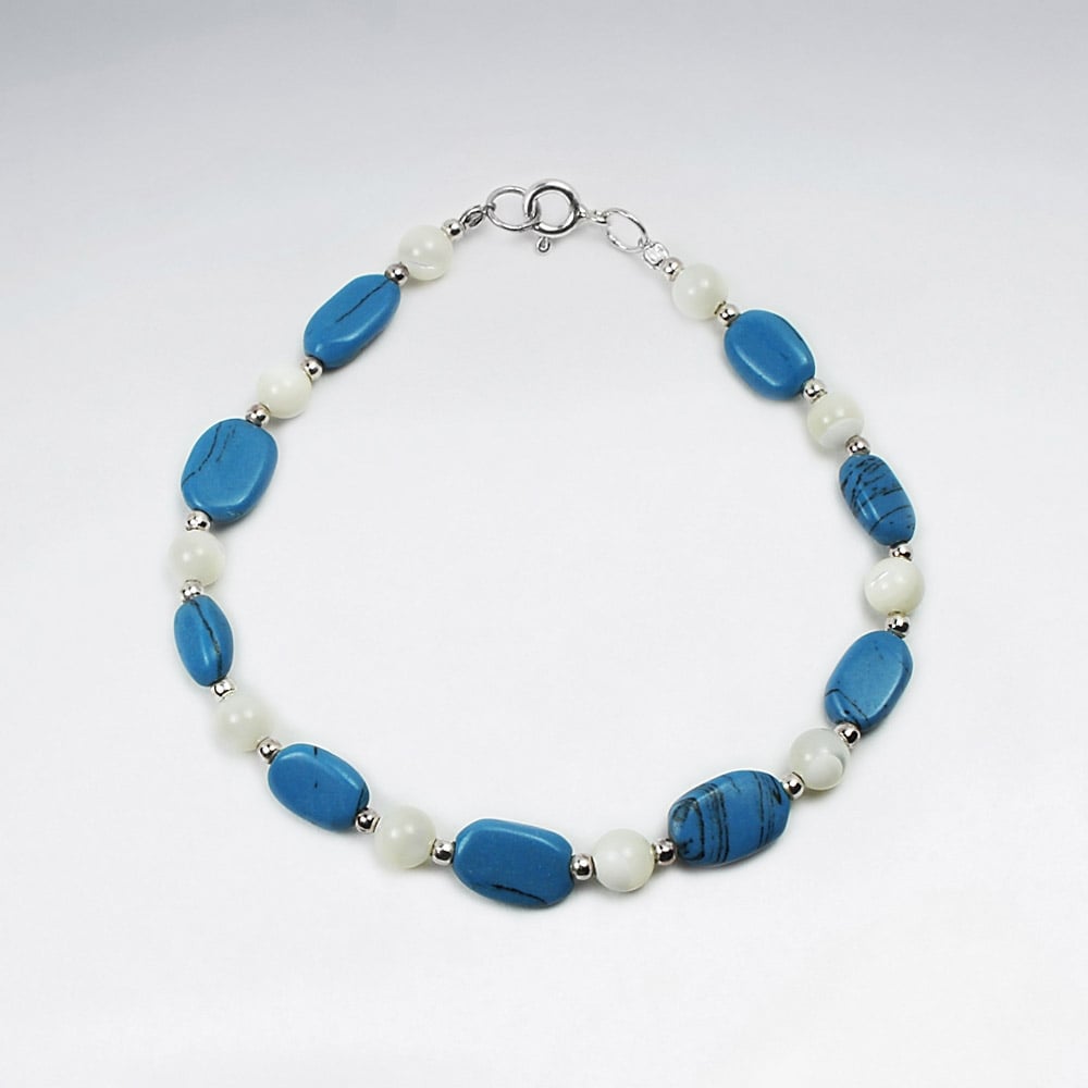 White Shell & Blue Turquoise Shaped Bead Bracelet