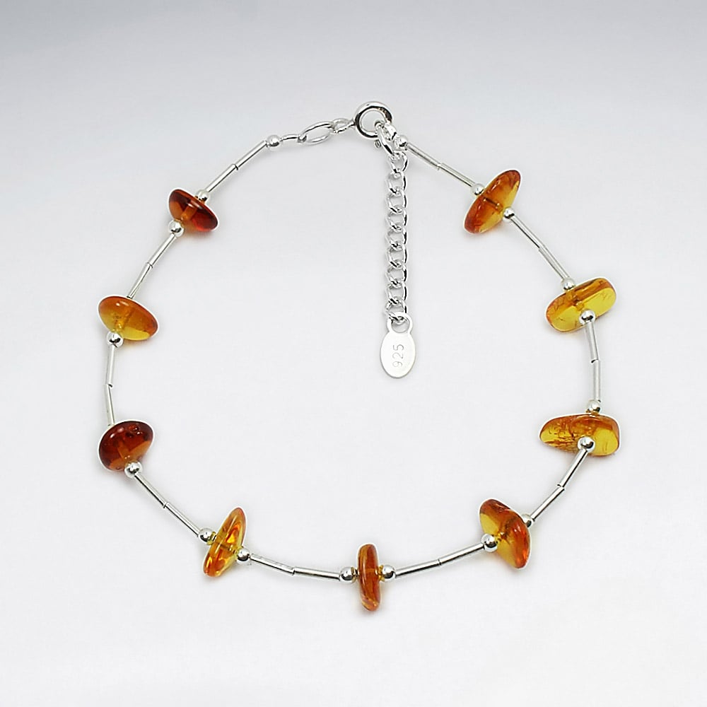 Amber Stone Beads Sterling Silver Bracelet