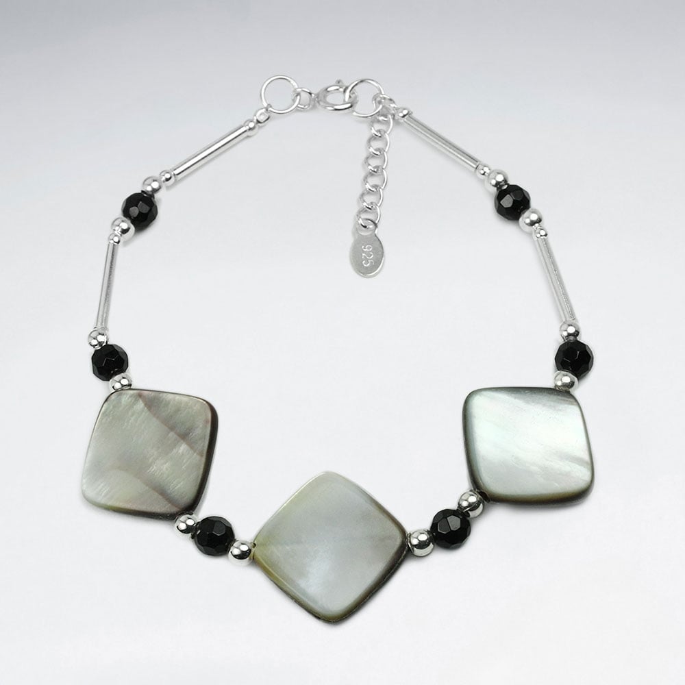 Mother Of Pearl & Black Stone Large Accent Square Beads Bracelet