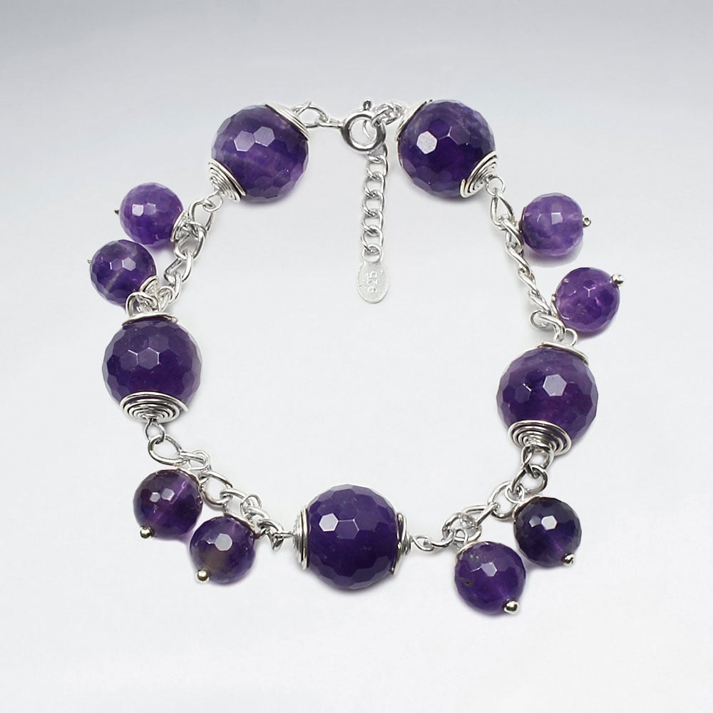 Amethyst Ball Bead Dangle Charm Bracelet