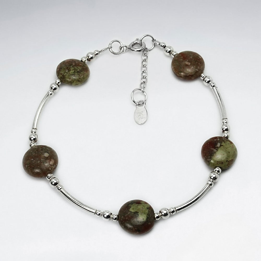 Unakite Spaced Beads Sterling Silver Bracelet