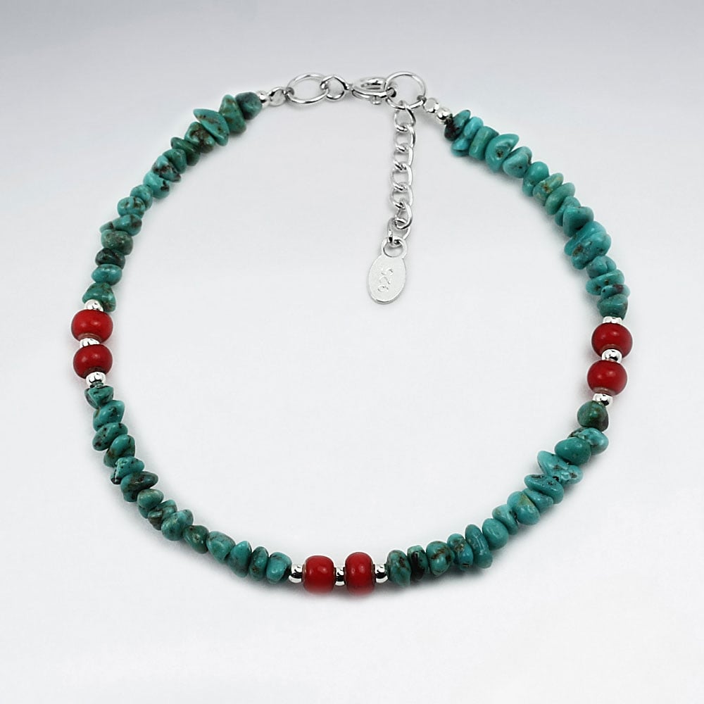 Red Bead & Turquoise Pattern Bead Bracelet