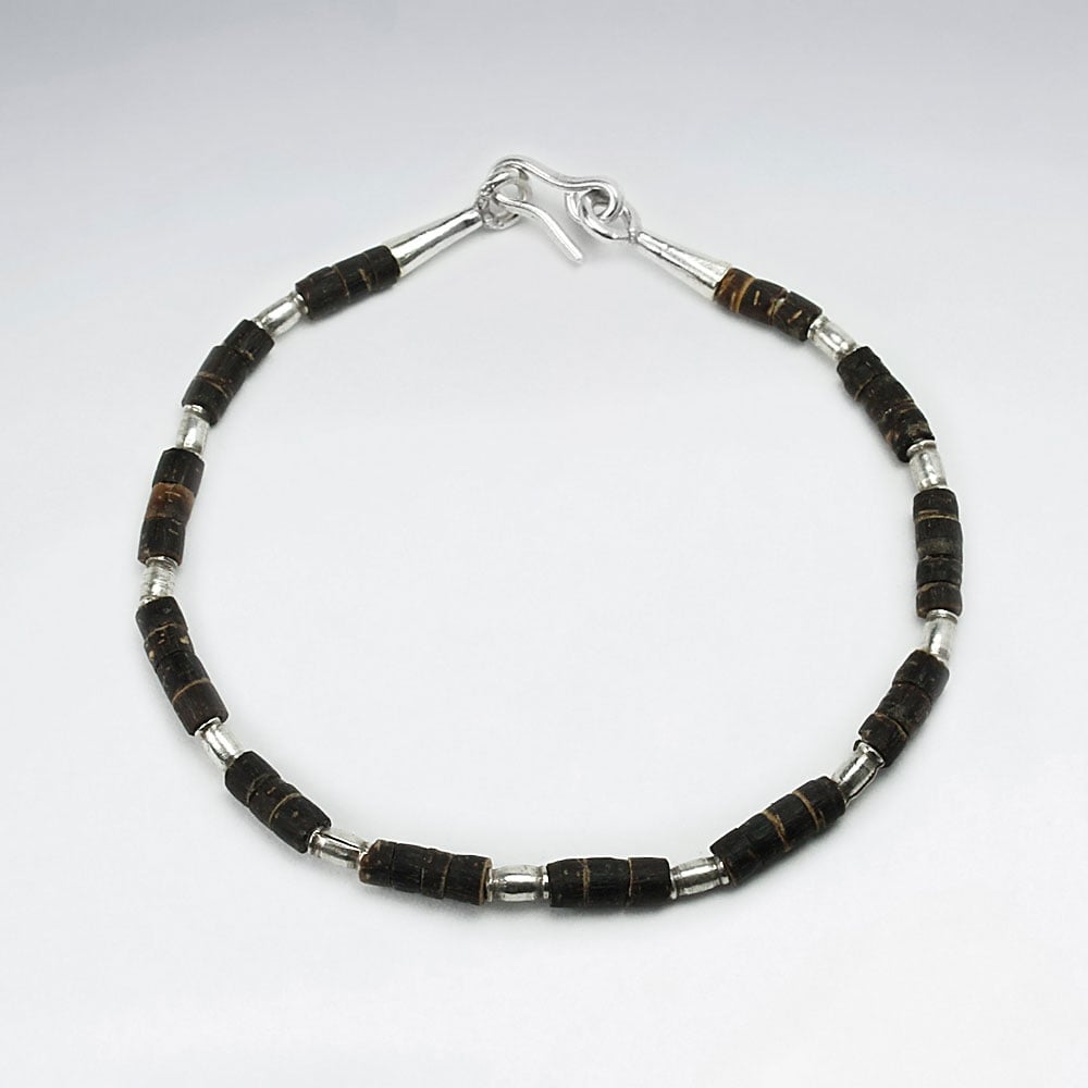 Coconut Tube Beaded Sterling Silver  Bracelet