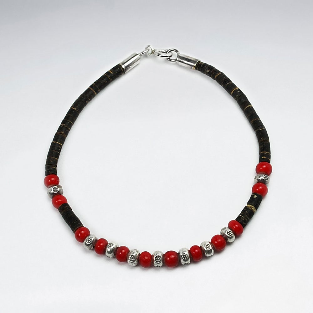 Coconut & Red Glass Bead Sterling Silver Full Beaded Bracelet