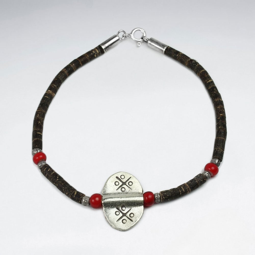 Coconut & Red Glass Beaded Sterling Silver Charm Bracelet