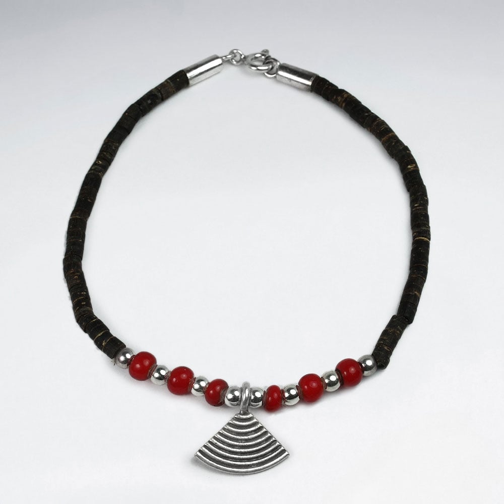 Coconut & Red Glass Bead Fan Charm Sterling Silver Bracelet