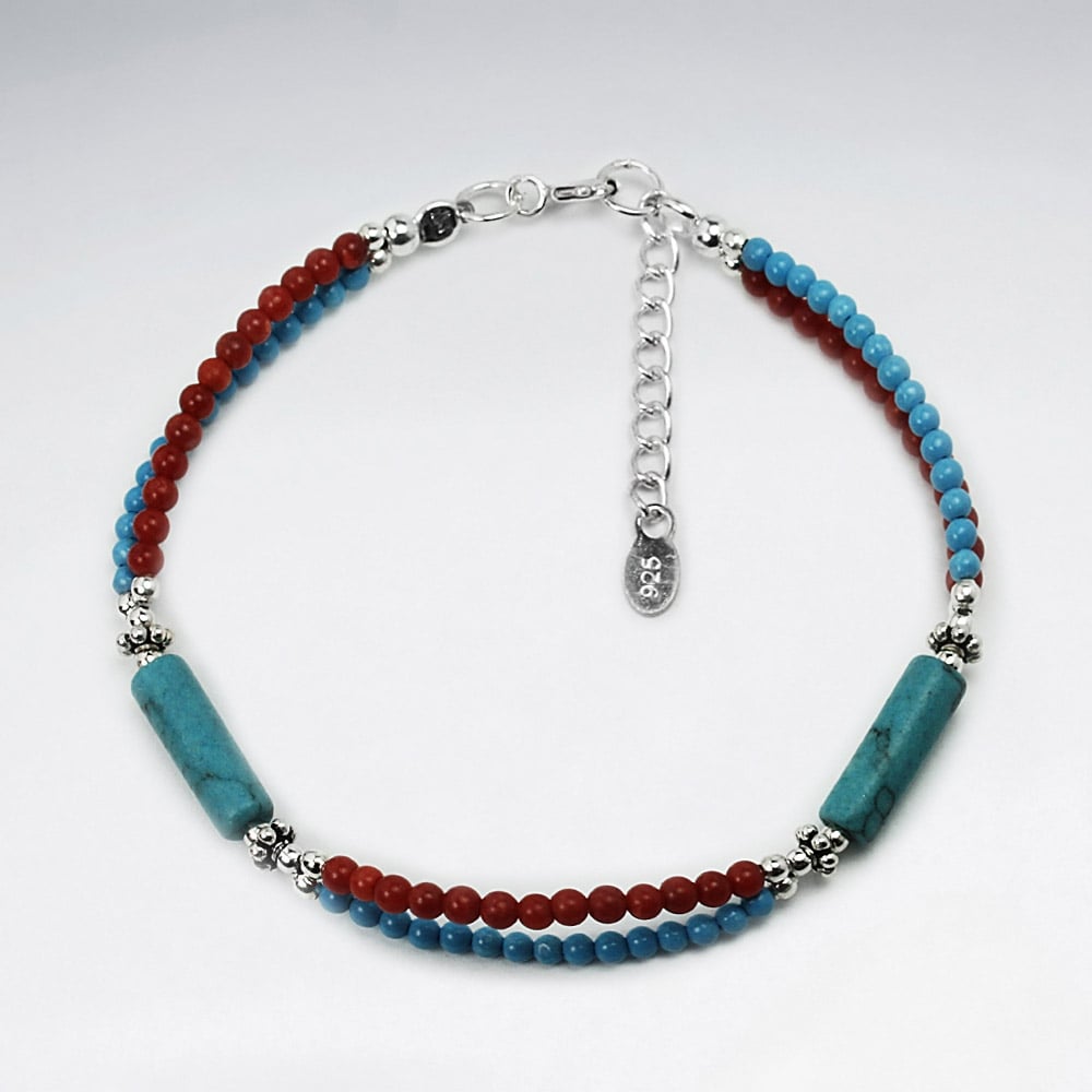 Turquoise & Coral Double Strand Accent Bead Bracelet