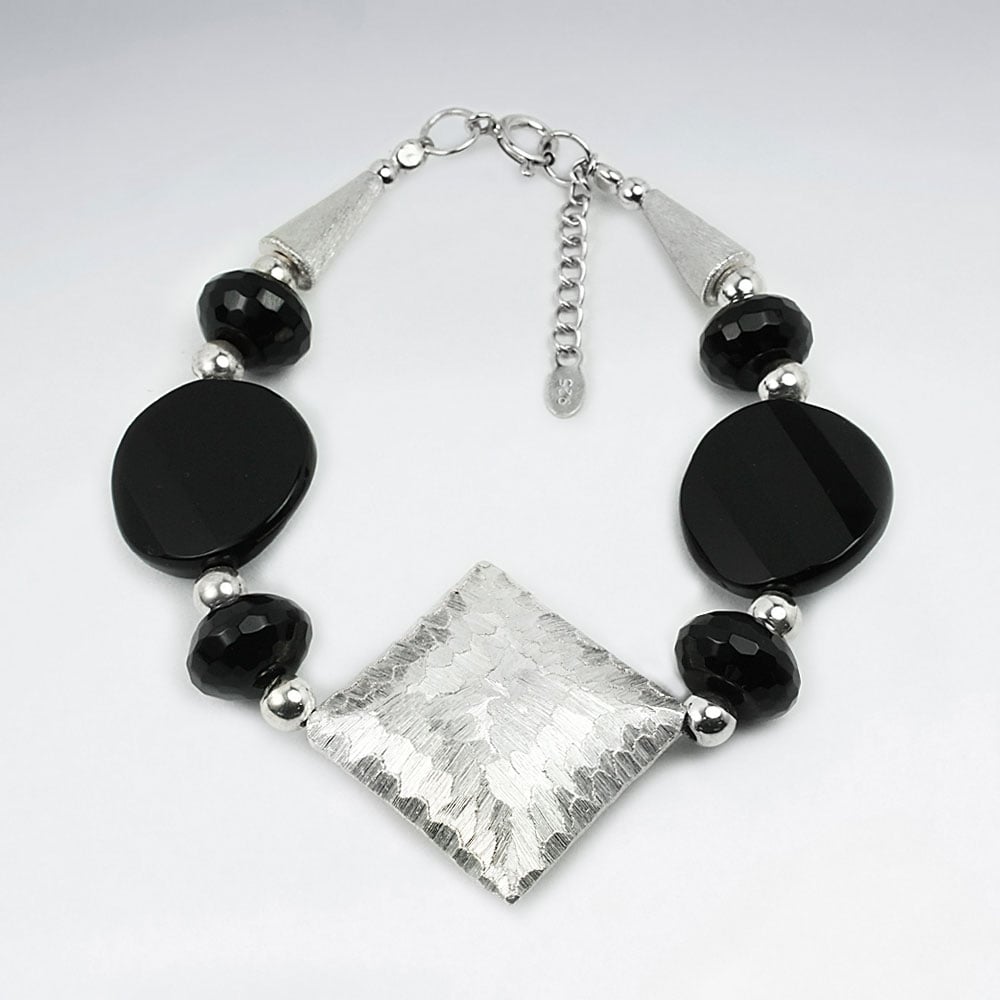 Black Stone Chunky Charm Sterling Silver Bracelet