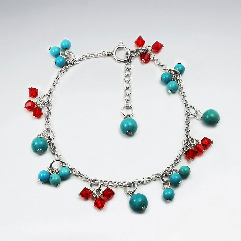 Turquoise & Crystal Dangle Charm Sterling Silver Bead Bracelet