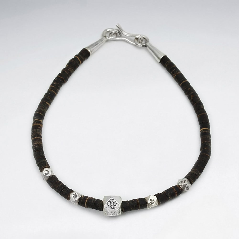 Coconut Tube & Sterling Silver Beaded Bracelet