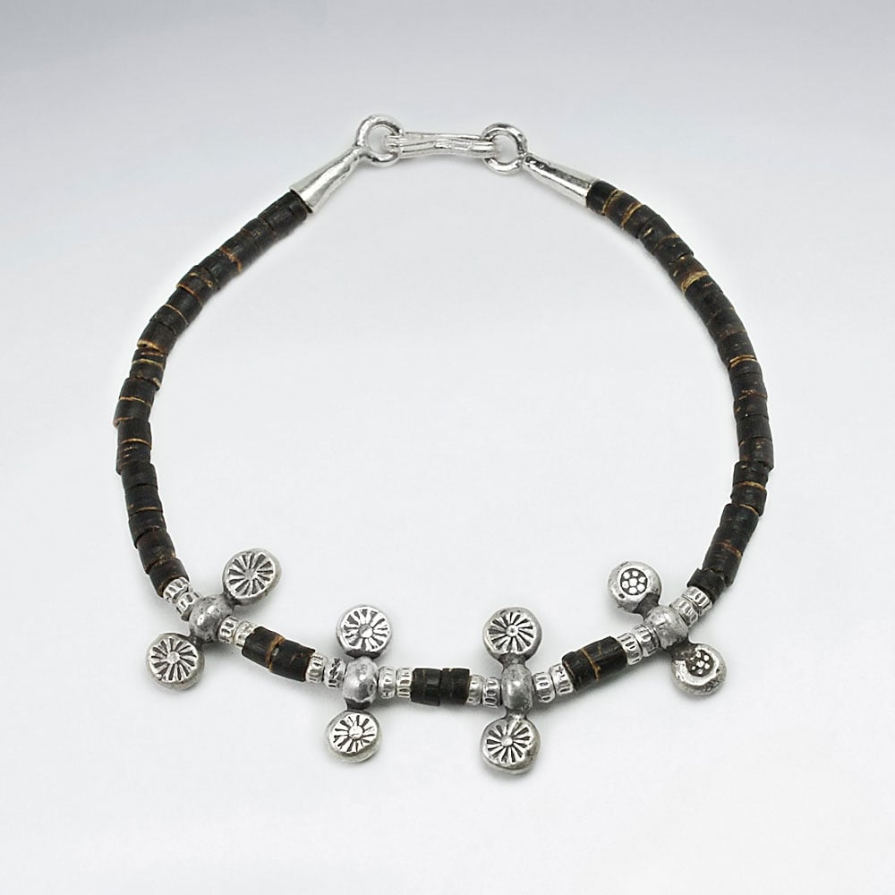 Coconut & Sterling Silver Multi Bead Charm Bracelet