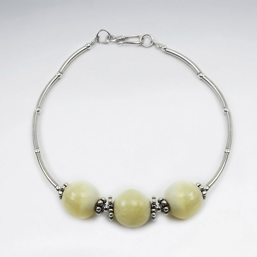 Yellow Jade & Sterling Silver Ball Bead Bracelet