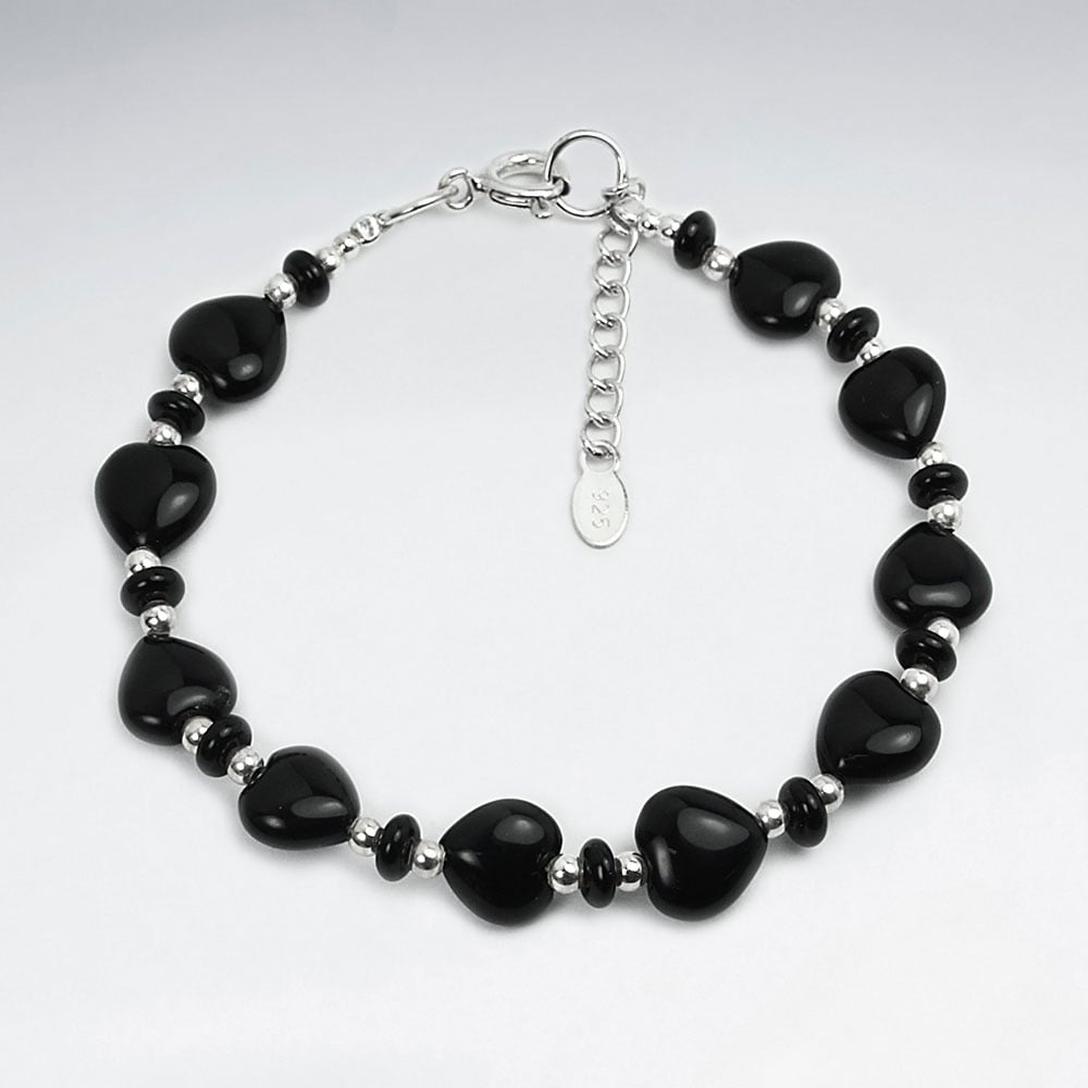 Silver Chain Link Bracelet Set With Black Stone Beads