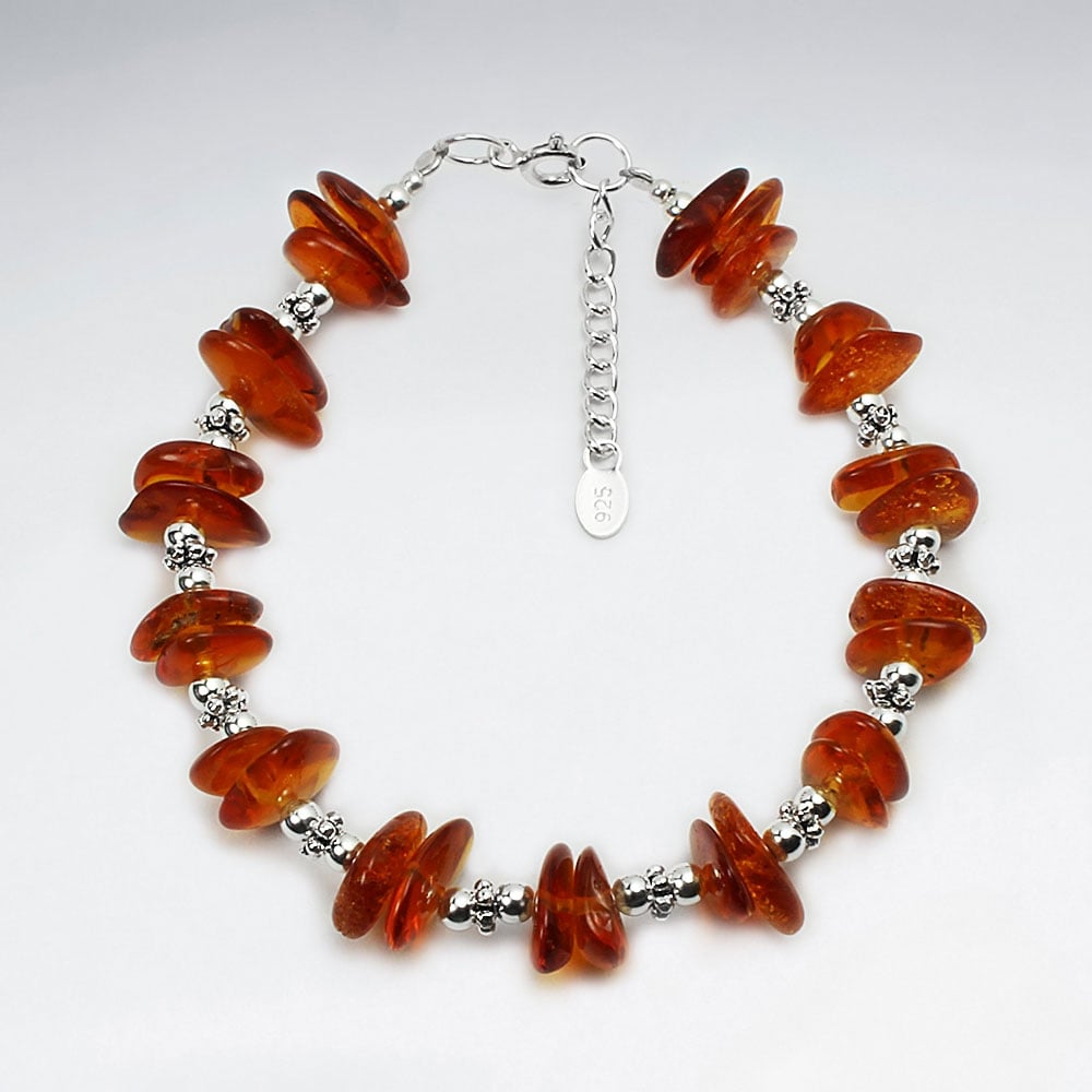Silver Flat Amber Beaded Stone Bracelet