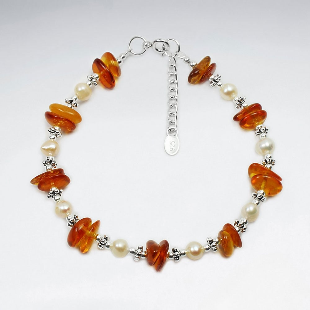Silver Amber Stone and Pearl Spacer Bracelet