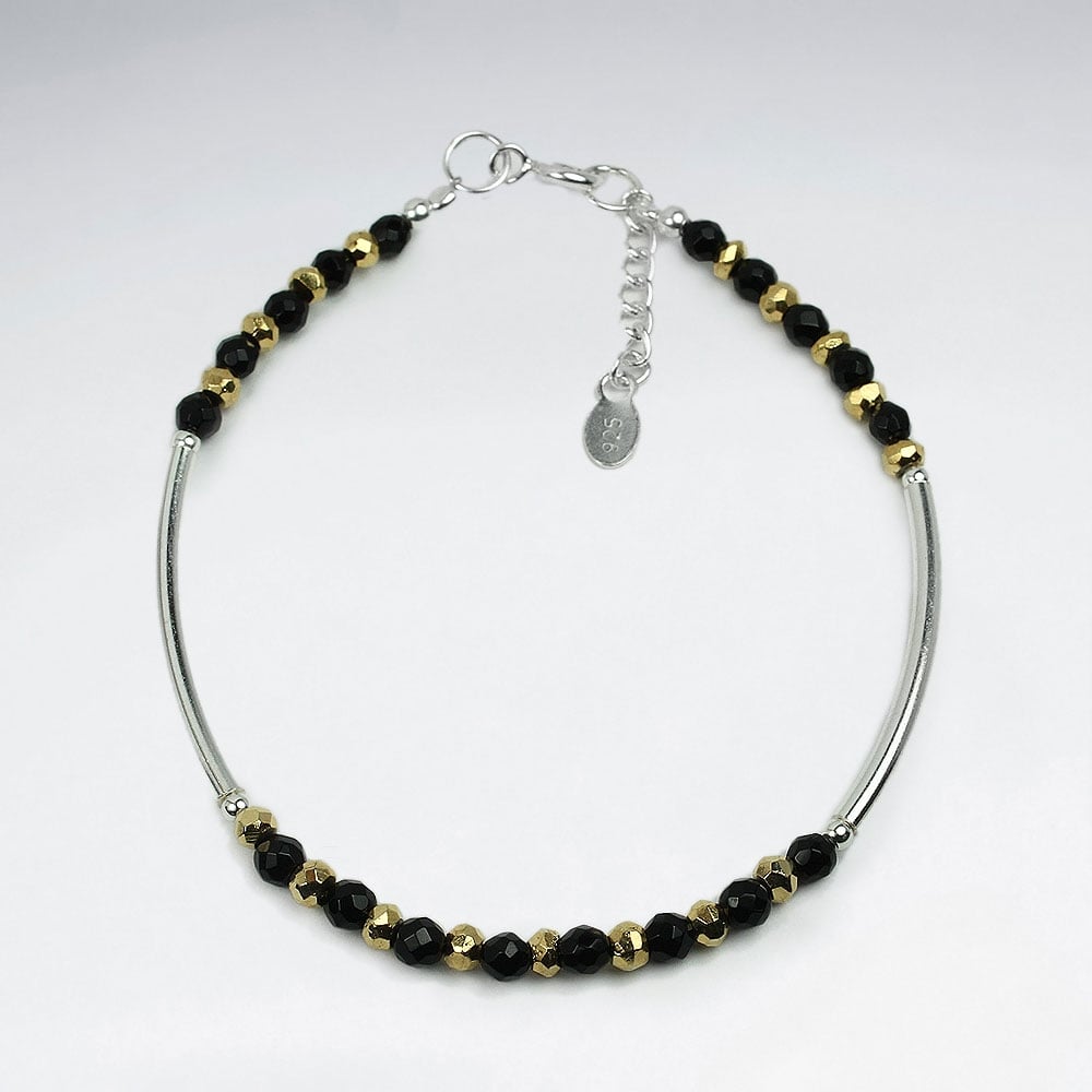 Black Stone Wrap Pattern Sterling Silver Bead Bracelet