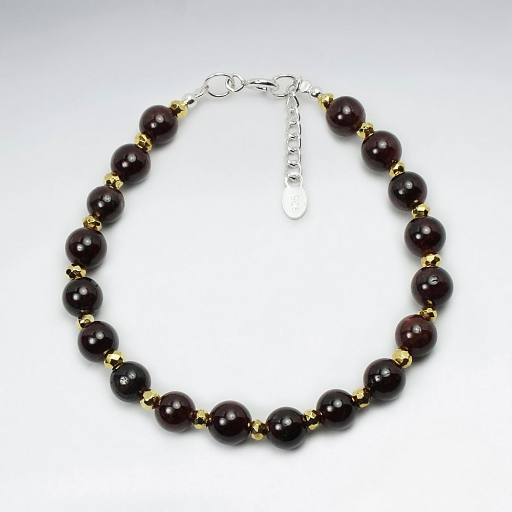 Silver Garnet and Pyrite Beaded Bracelet