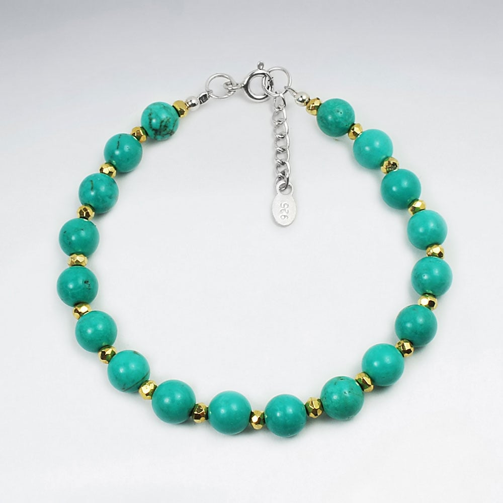 Adjustable Silver Turquoise Pyrite Bead Ball Bracelet