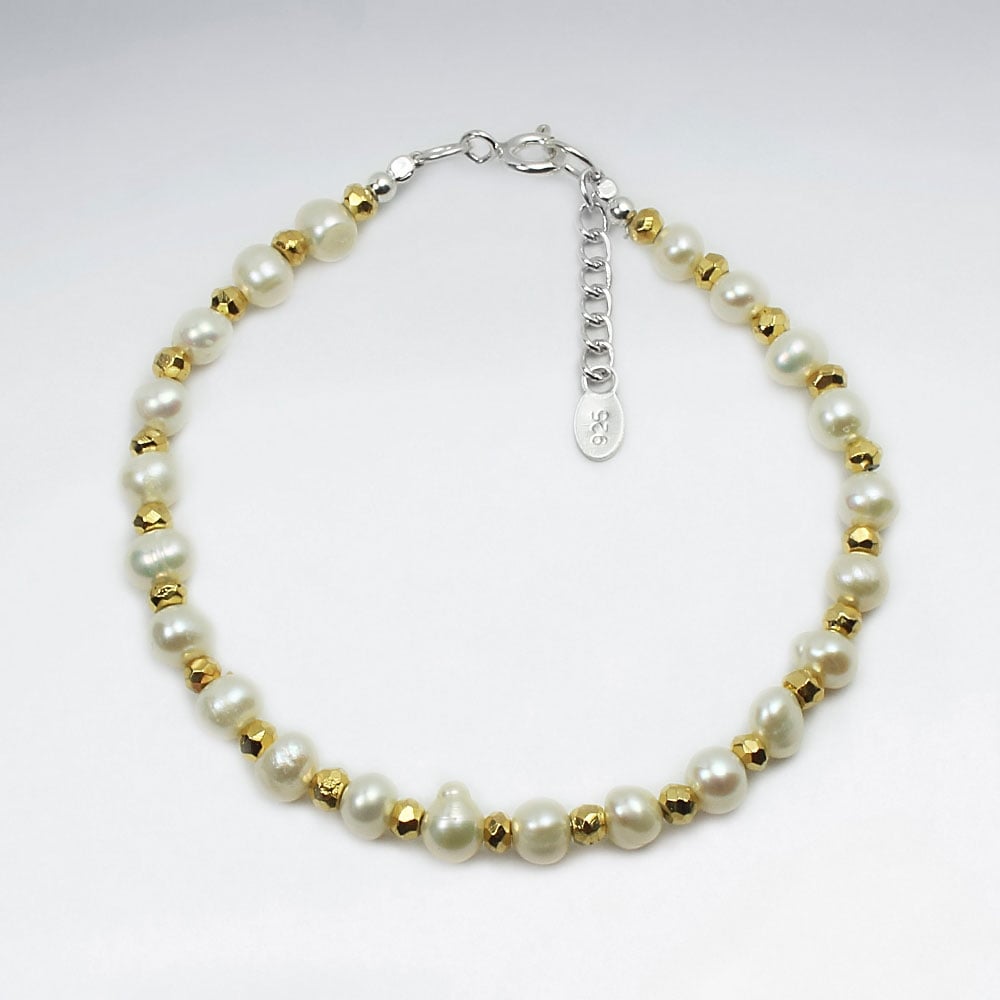 Sterling Silver Pearl and Pyrite Studded Bead Bracelet