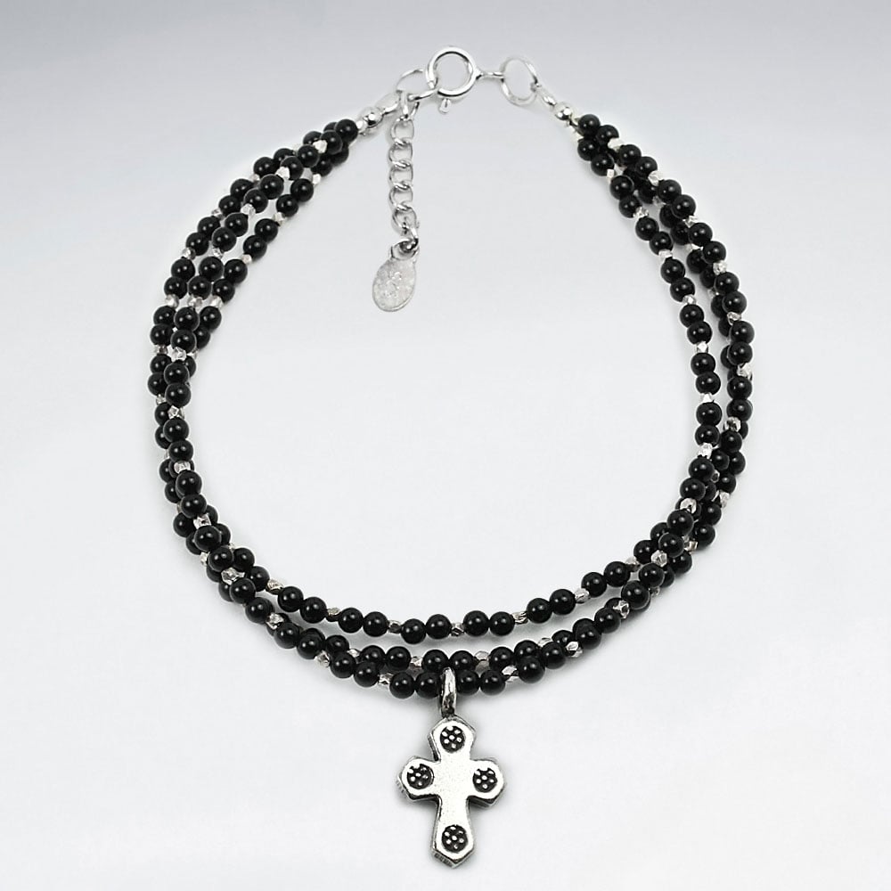 Double Strand Sterling Silver Black Stone Bracelet