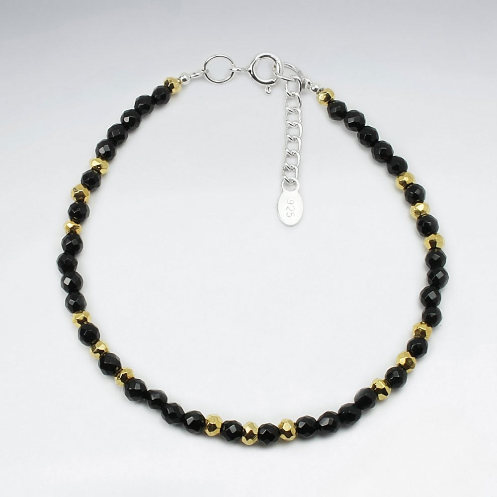 Silver Black Stone Pyrite Full Beaded Bracelet