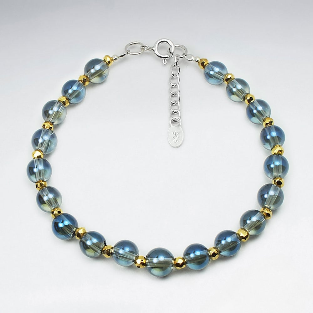 Silver Chain Link Ball Bead Aquamarine Pyrite Bracelet