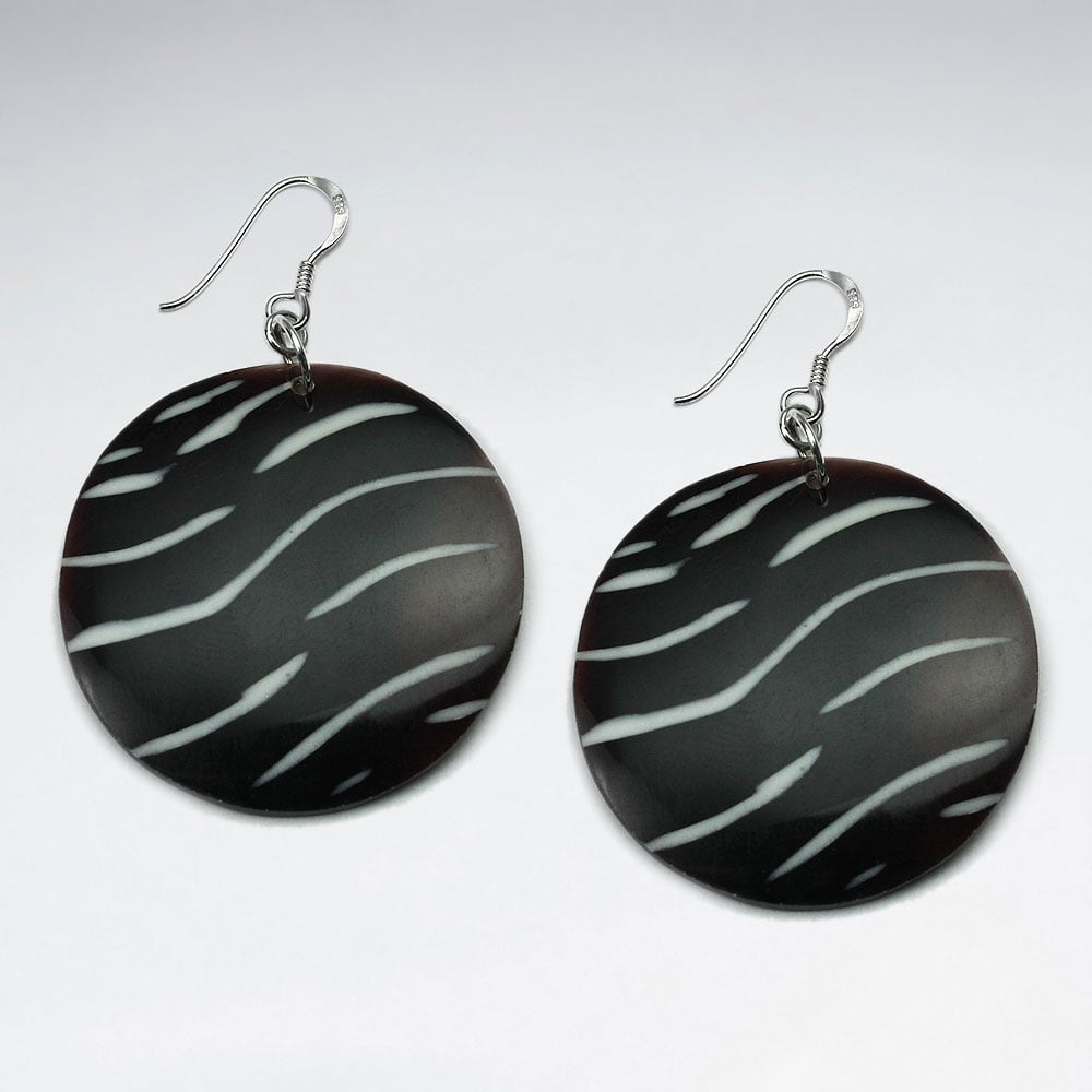 Zebra Shell Circle Disc Dangle Hook Earrings