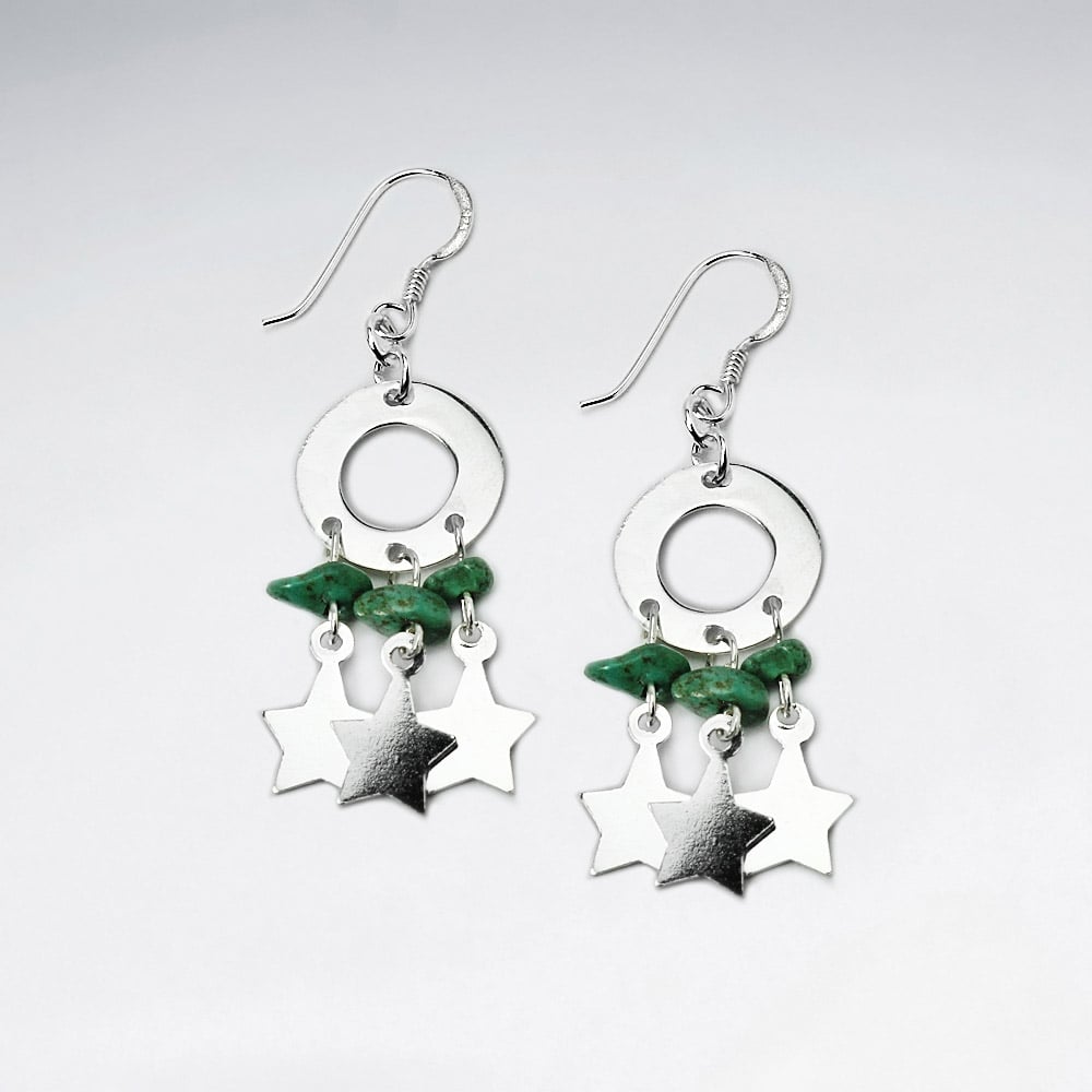 Turquoise and Silver Openwork Circle and Star Charms Dangle Earrings
