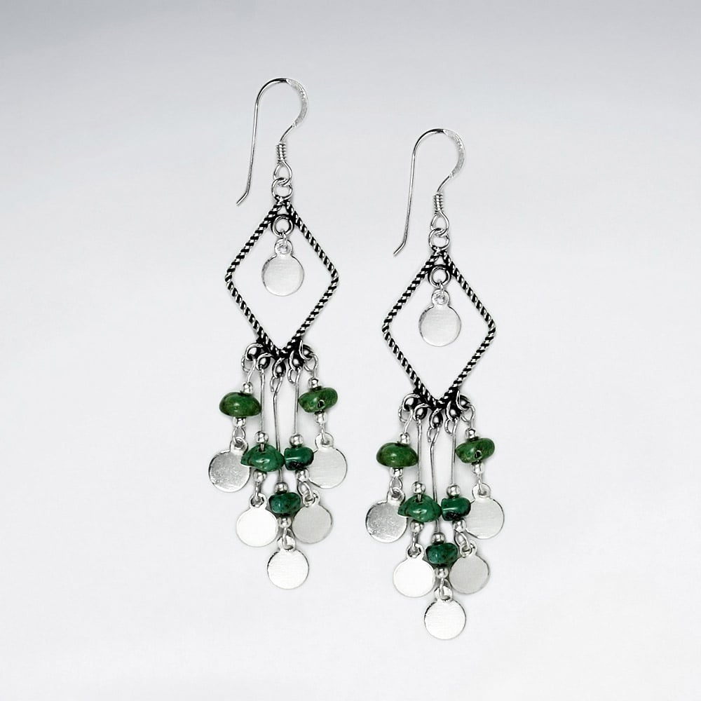 Marquise Silver and Turquoise Charms Cascade Fringe Dangle Earrings