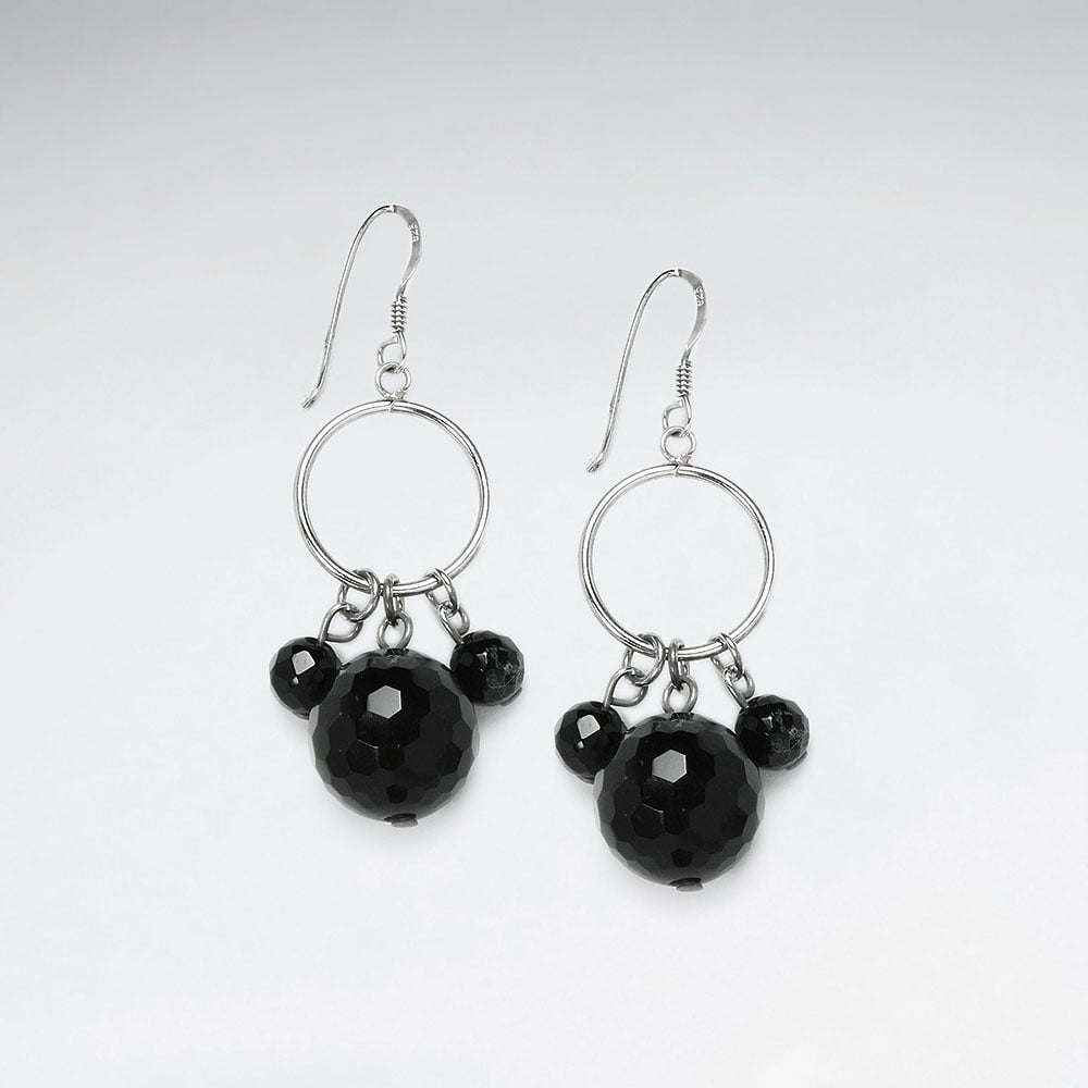 Black Stone Faceted Ball Charms and Silver Hoops Dangle Earrings