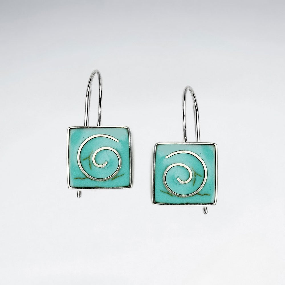 Turquoise and Silver Square Spiral Earrings