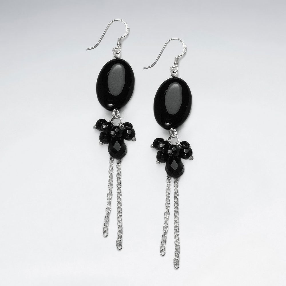 Black Stone Oval and Silver Fringe Dangle Earrings