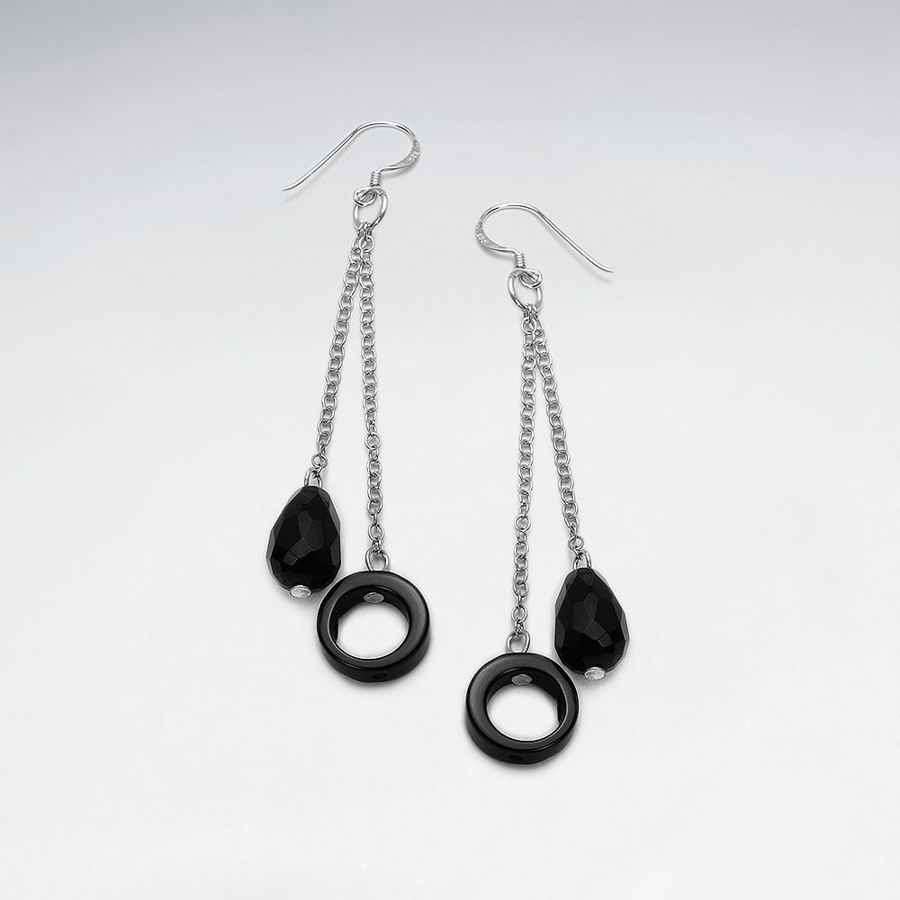 Black Stone Charm Dangle Chain Chime Earrings