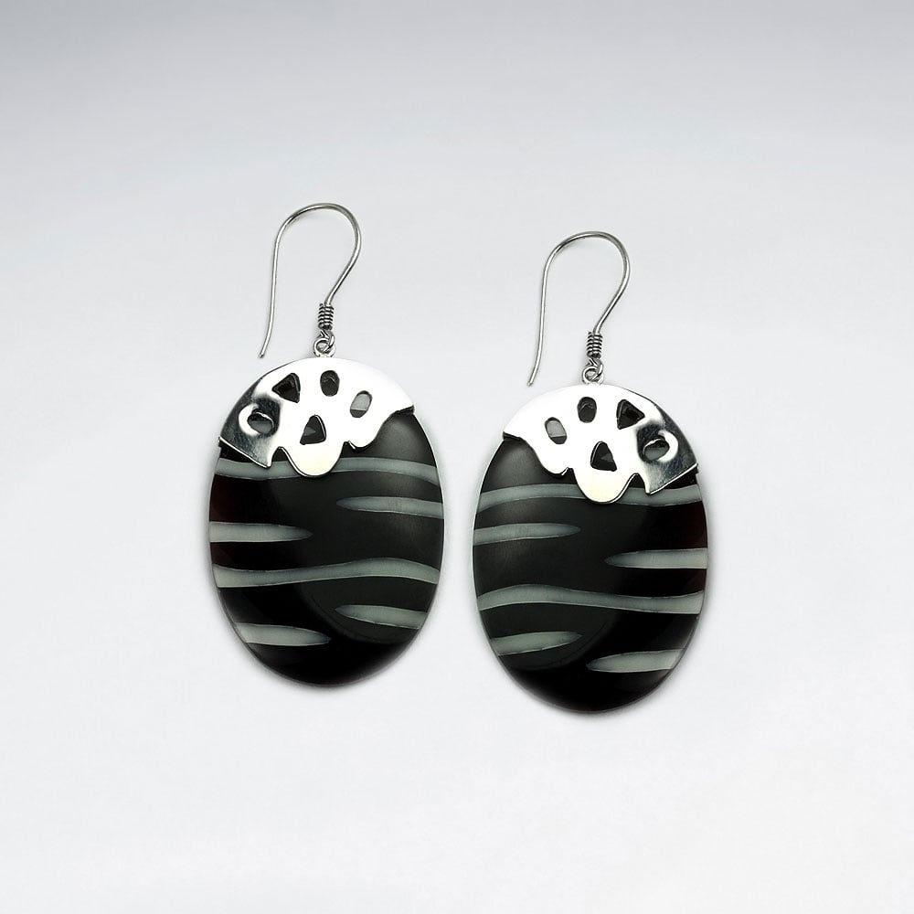 Oval Zebra Shell and Silver Accent Earrings